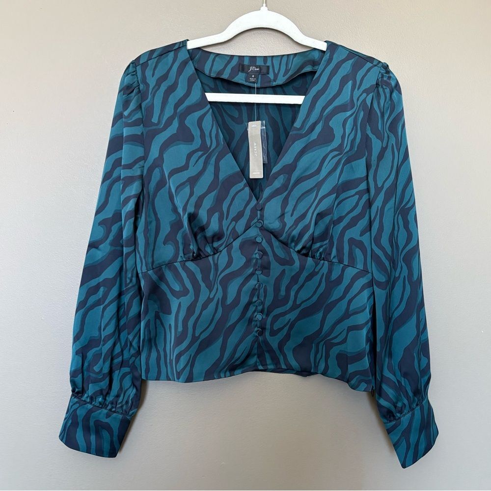 NWT J. Crew Green Black Zebra Print Satin V-Neck Button Front Blouse Size 8
